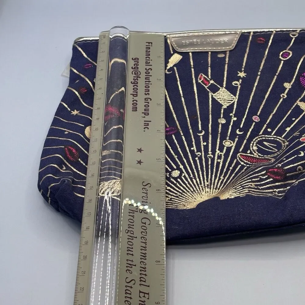 Estee Lauder Navy Gold Star Moon Galaxy Print Cosmetic Pouch Travel Bag Cotton